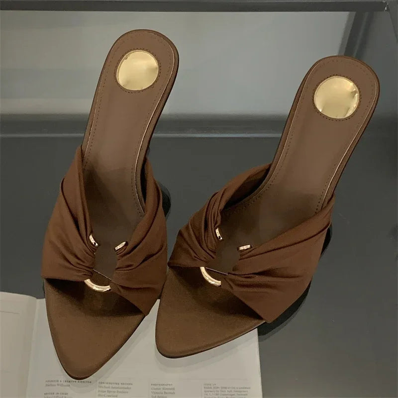 Aneikeh Mules Open Toed Shoes Pointed Silk Sandals Banquet High Heels Party Female Shoes