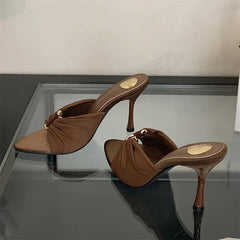 Aneikeh Mules Open Toed Shoes Pointed Silk Sandals Banquet High Heels Party Female Shoes