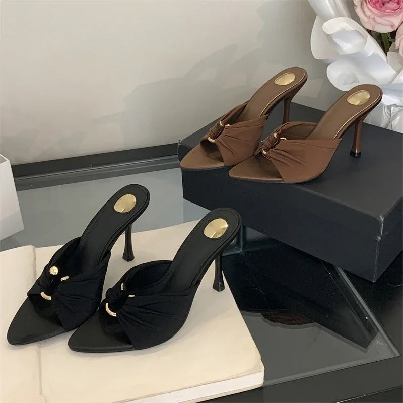 Aneikeh Mules Open Toed Shoes Pointed Silk Sandals Banquet High Heels Party Female Shoes