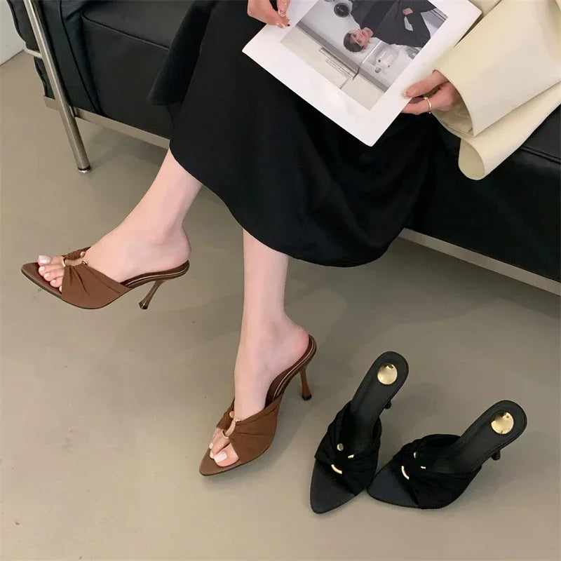 Aneikeh Mules Open Toed Shoes Pointed Silk Sandals Banquet High Heels Party Female Shoes