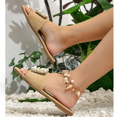Aneikeh String Bead Slippers Square Toe Flat Heels Casual Beach Mules Shoes Sandals