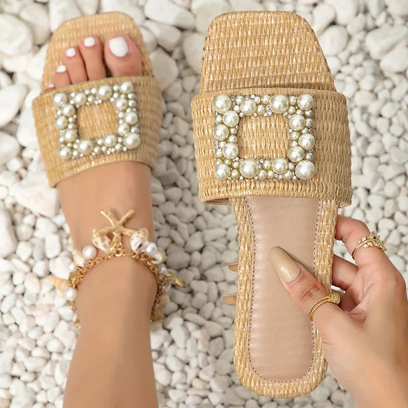 Aneikeh String Bead Slippers Square Toe Flat Heels Casual Beach Mules Shoes Sandals