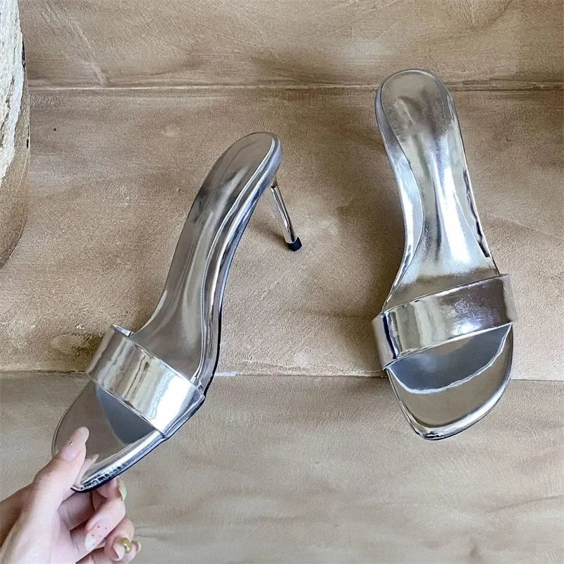 Aneikeh Silver Mules Sandals Open Toe Thin Stiletto Heels Slides Elegant Party Slip on High Heel Shoes