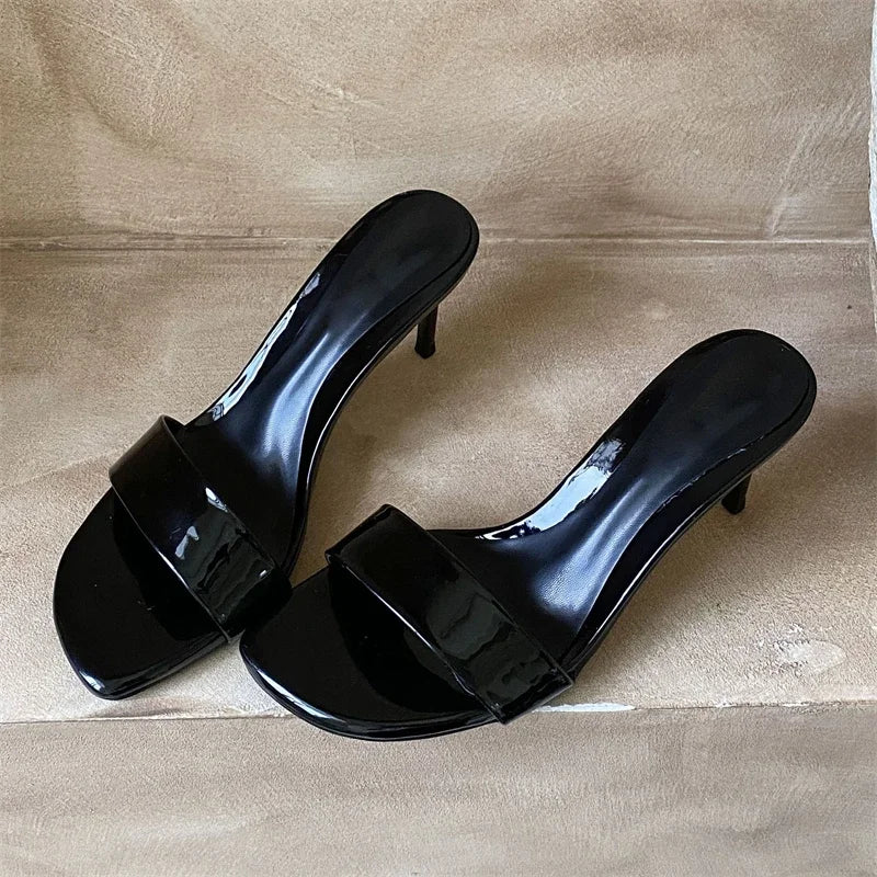 Aneikeh Silver Mules Sandals Open Toe Thin Stiletto Heels Slides Elegant Party Slip on High Heel Shoes