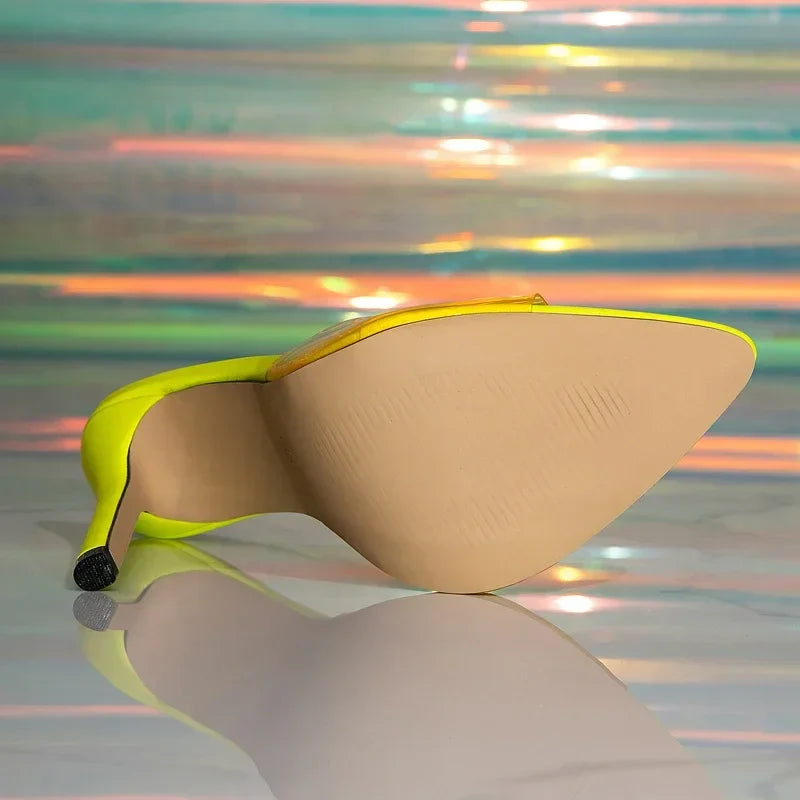 Aneikeh Sexy PVC Transparent Slippers Mules Pointed Toe Thin High Heels Stripper Party Slide Shoes