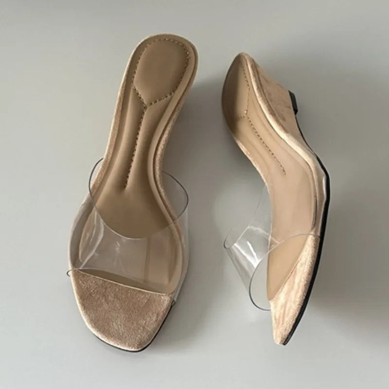 Aneikeh Square Open Toe Wedge Mules Clear Transparent PVC StrapSlip on Slide Sandals Low Heel Slippers