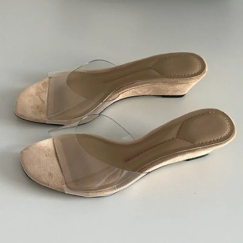 Aneikeh Square Open Toe Wedge Mules Clear Transparent PVC StrapSlip on Slide Sandals Low Heel Slippers