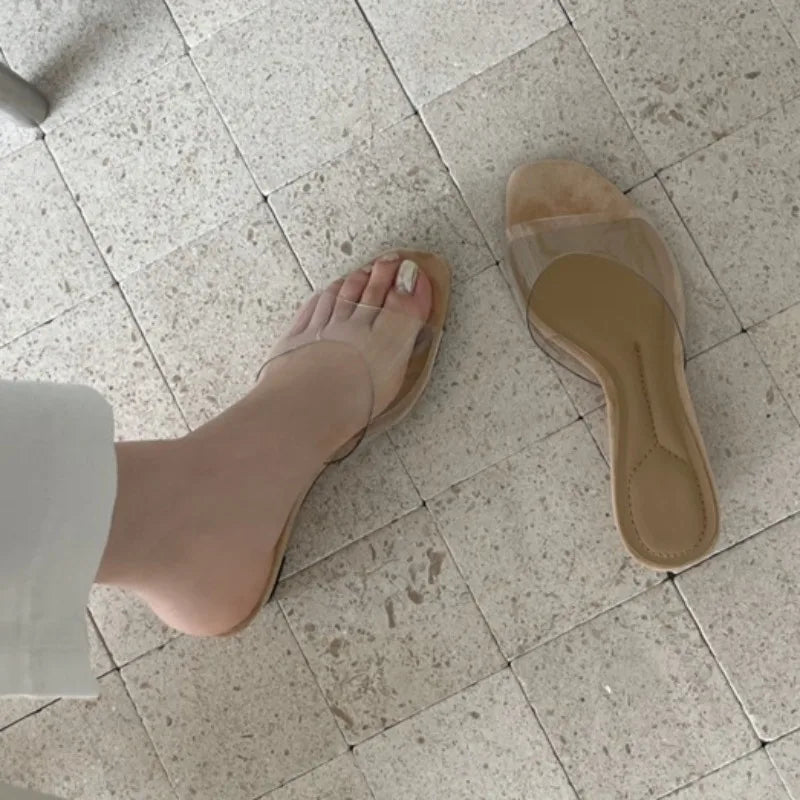 Aneikeh Square Open Toe Wedge Mules Clear Transparent PVC StrapSlip on Slide Sandals Low Heel Slippers