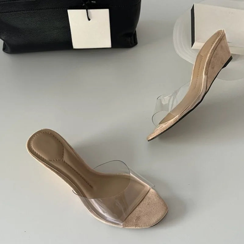 Aneikeh Square Open Toe Wedge Mules Clear Transparent PVC StrapSlip on Slide Sandals Low Heel Slippers