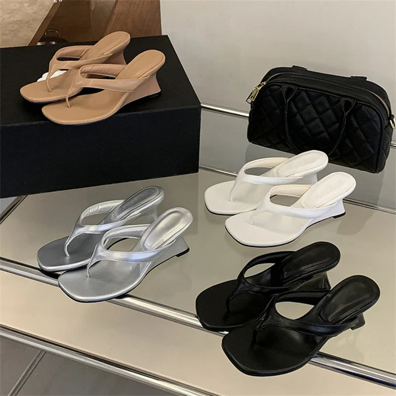 Aneikeh Wedges High Heels Slippers Square Clip Toe Party Sandals Flip Flops Female Shoes