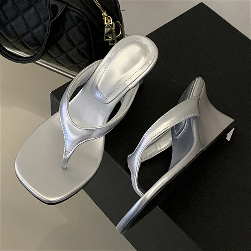Aneikeh Wedges High Heels Slippers Square Clip Toe Party Sandals Flip Flops Female Shoes