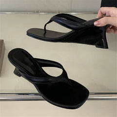 Aneikeh Wedges High Heels Slippers Square Clip Toe Party Sandals Flip Flops Female Shoes