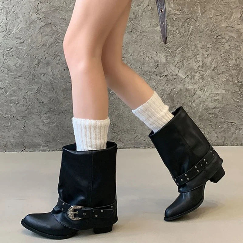 Aneikeh  Autumn Street Vintage Metal Buckle Slouch Western Mid Boots Pointed Toe Low Block Heel Retro Cowgirl Boots