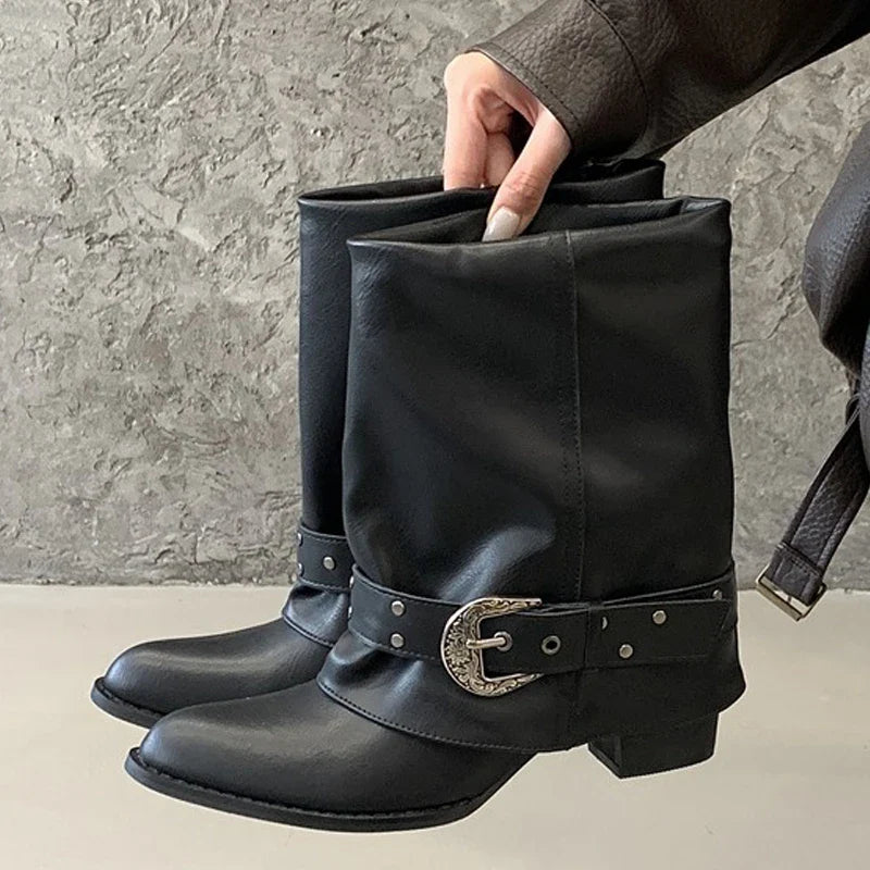 Aneikeh  Autumn Street Vintage Metal Buckle Slouch Western Mid Boots Pointed Toe Low Block Heel Retro Cowgirl Boots