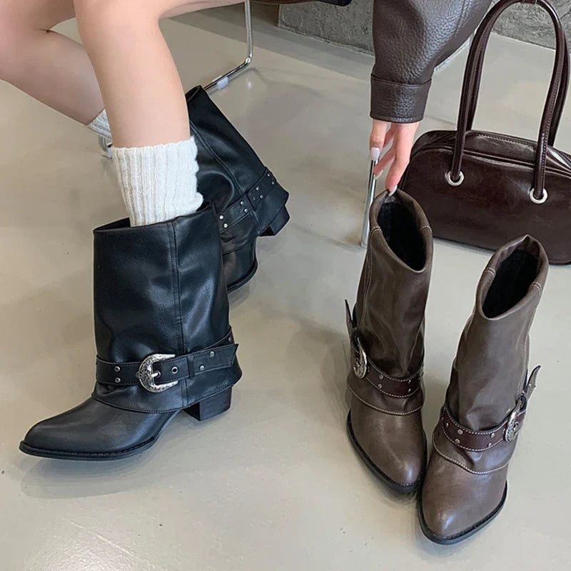 Aneikeh  Autumn Street Vintage Metal Buckle Slouch Western Mid Boots Pointed Toe Low Block Heel Retro Cowgirl Boots