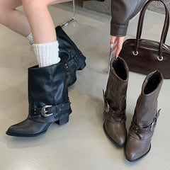 Aneikeh  Autumn Street Vintage Metal Buckle Slouch Western Mid Boots Pointed Toe Low Block Heel Retro Cowgirl Boots