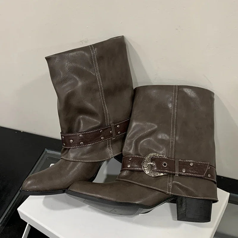 Aneikeh  Autumn Street Vintage Metal Buckle Slouch Western Mid Boots Pointed Toe Low Block Heel Retro Cowgirl Boots