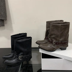 Aneikeh  Autumn Street Vintage Metal Buckle Slouch Western Mid Boots Pointed Toe Low Block Heel Retro Cowgirl Boots
