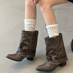 Aneikeh  Autumn Street Vintage Metal Buckle Slouch Western Mid Boots Pointed Toe Low Block Heel Retro Cowgirl Boots