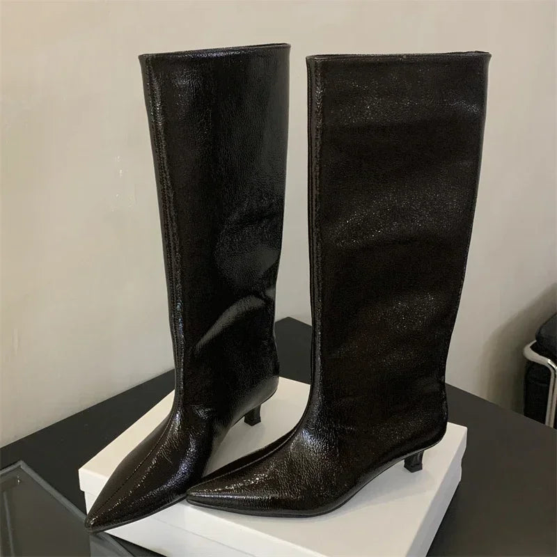Aneikeh Autumn Street Style Sexy Pointed Toe Thin Low Heels Knee-High Boots Casual Party Shoes Long Botas Mujer