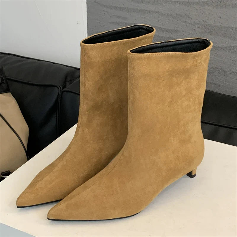 Aneikeh Autumn Vintage Pointed Toe Ankle Boots Designer Thin Low Heel Shoes SHort Botas Zapatos De Mujer
