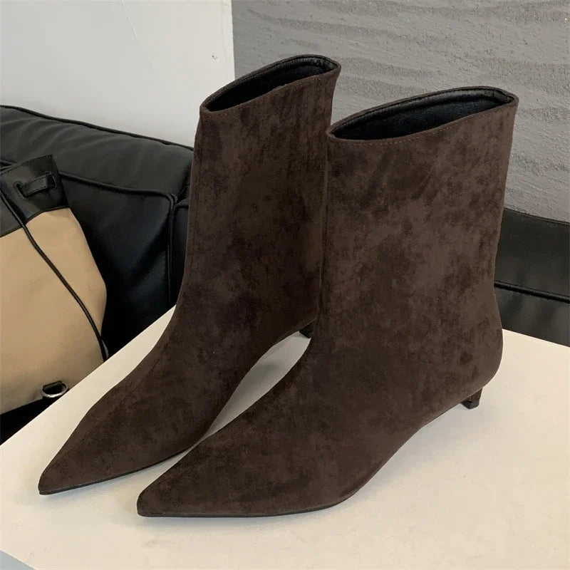 Aneikeh Autumn Vintage Pointed Toe Ankle Boots Designer Thin Low Heel Shoes SHort Botas Zapatos De Mujer