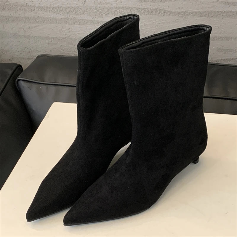 Aneikeh Autumn Vintage Pointed Toe Ankle Boots Designer Thin Low Heel Shoes SHort Botas Zapatos De Mujer