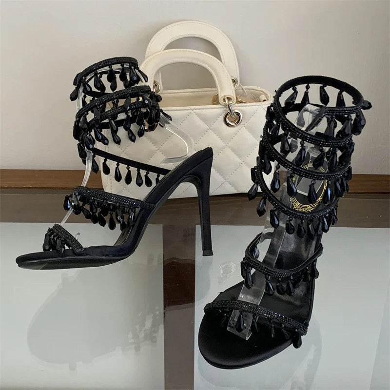 Aneikeh Black Elegant Thin High Design Crystal Sandals Heels Glitter Ankle Strap Banquet Shoes