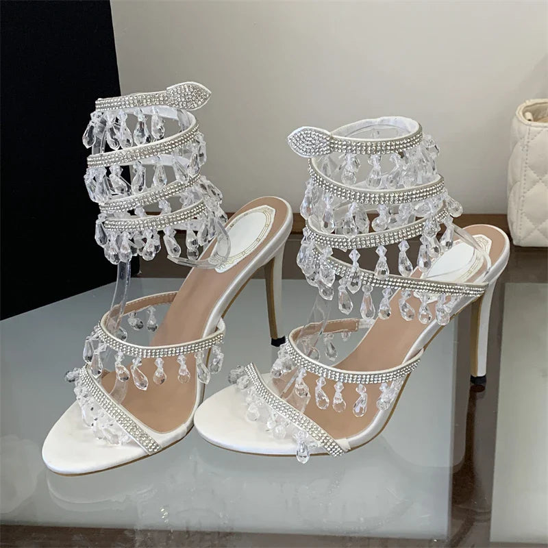 Aneikeh Black Elegant Thin High Design Crystal Sandals Heels Glitter Ankle Strap Banquet Shoes