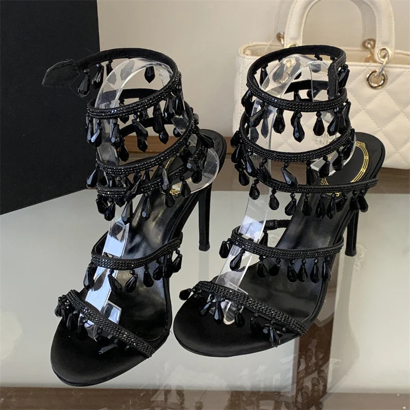 Aneikeh Black Elegant Thin High Design Crystal Sandals Heels Glitter Ankle Strap Banquet Shoes