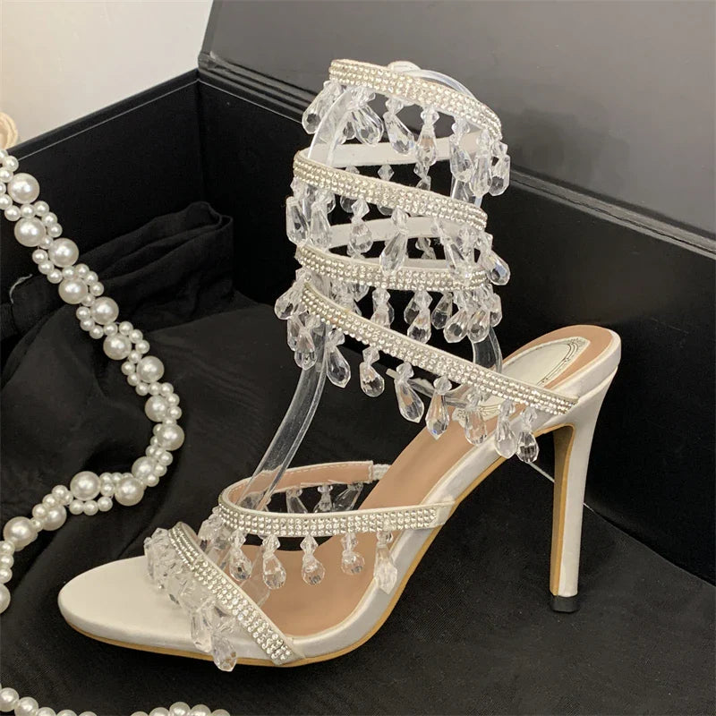 Aneikeh Black Elegant Thin High Design Crystal Sandals Heels Glitter Ankle Strap Banquet Shoes