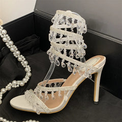 Aneikeh Black Elegant Thin High Design Crystal Sandals Heels Glitter Ankle Strap Banquet Shoes