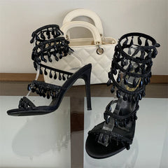 Aneikeh Black Elegant Thin High Design Crystal Sandals Heels Glitter Ankle Strap Banquet Shoes