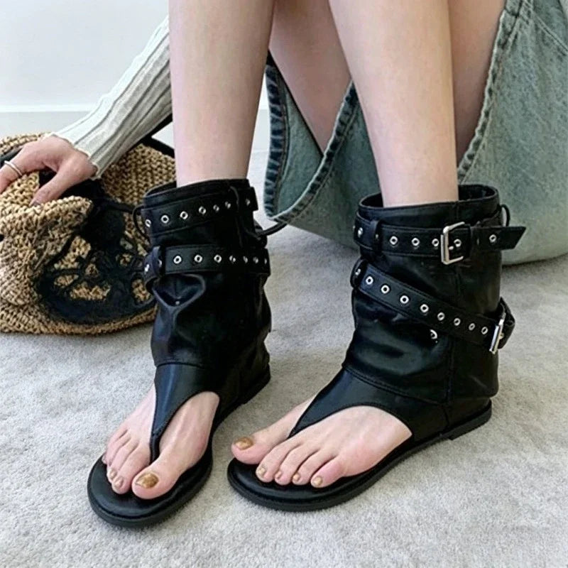 Aneikeh Black Rivet Gladiator Sandals Thong Open Toe Flat Ankle Boots Punk Style Buckle Strap Casual Shoes