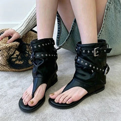 Aneikeh Black Rivet Gladiator Sandals Thong Open Toe Flat Ankle Boots Punk Style Buckle Strap Casual Shoes