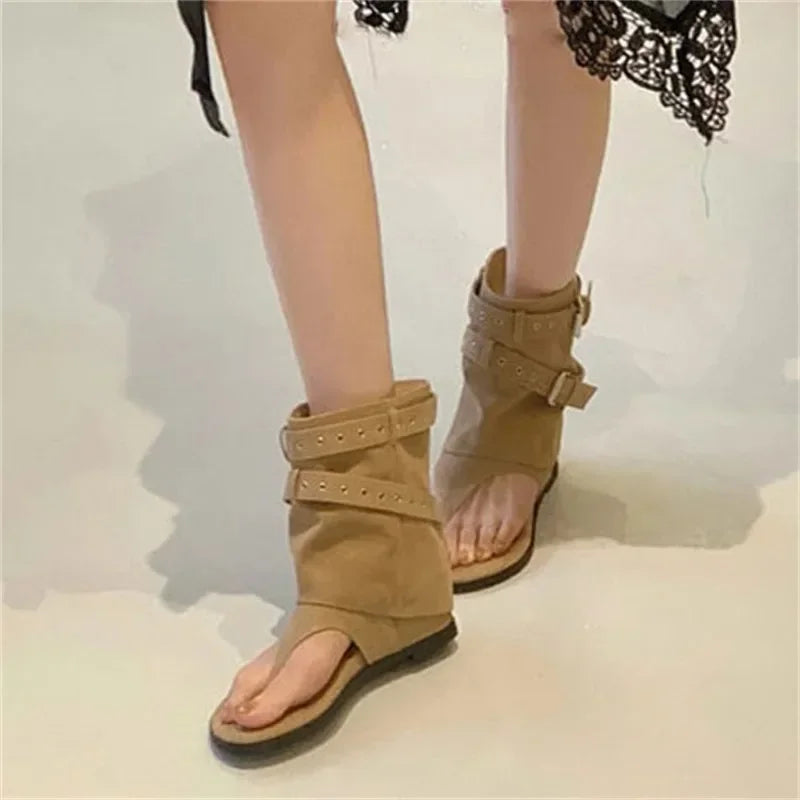 Aneikeh Black Rivet Gladiator Sandals Thong Open Toe Flat Ankle Boots Punk Style Buckle Strap Casual Shoes