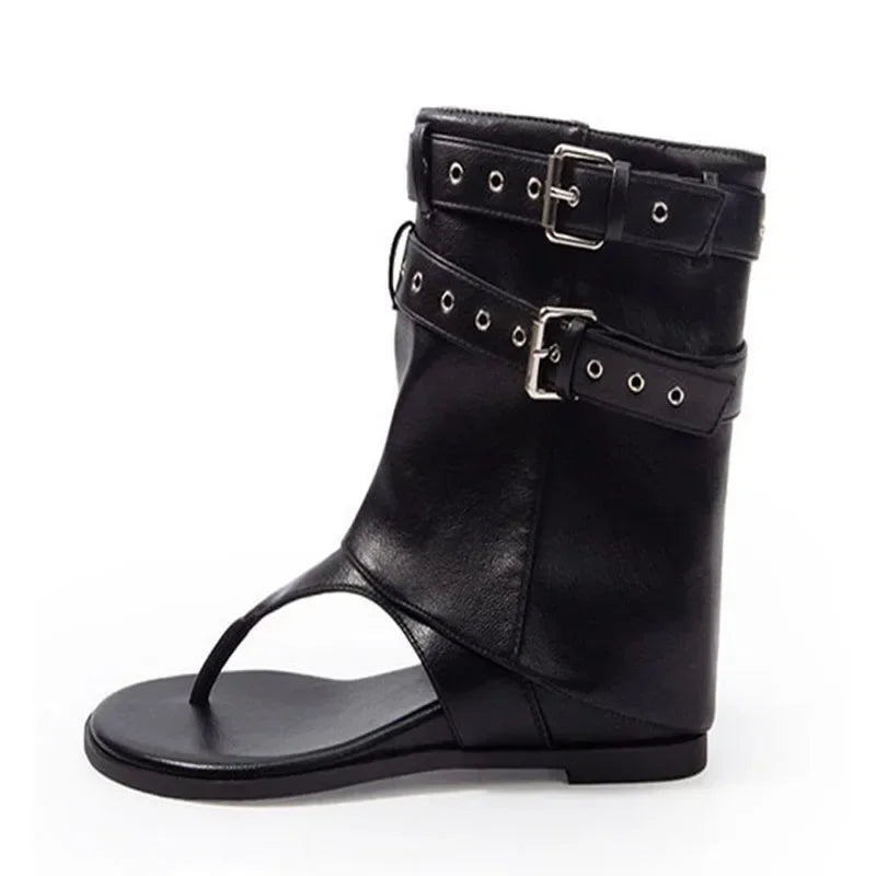 Aneikeh Black Rivet Gladiator Sandals Thong Open Toe Flat Ankle Boots Punk Style Buckle Strap Casual Shoes