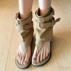 Aneikeh Black Rivet Gladiator Sandals Thong Open Toe Flat Ankle Boots Punk Style Buckle Strap Casual Shoes
