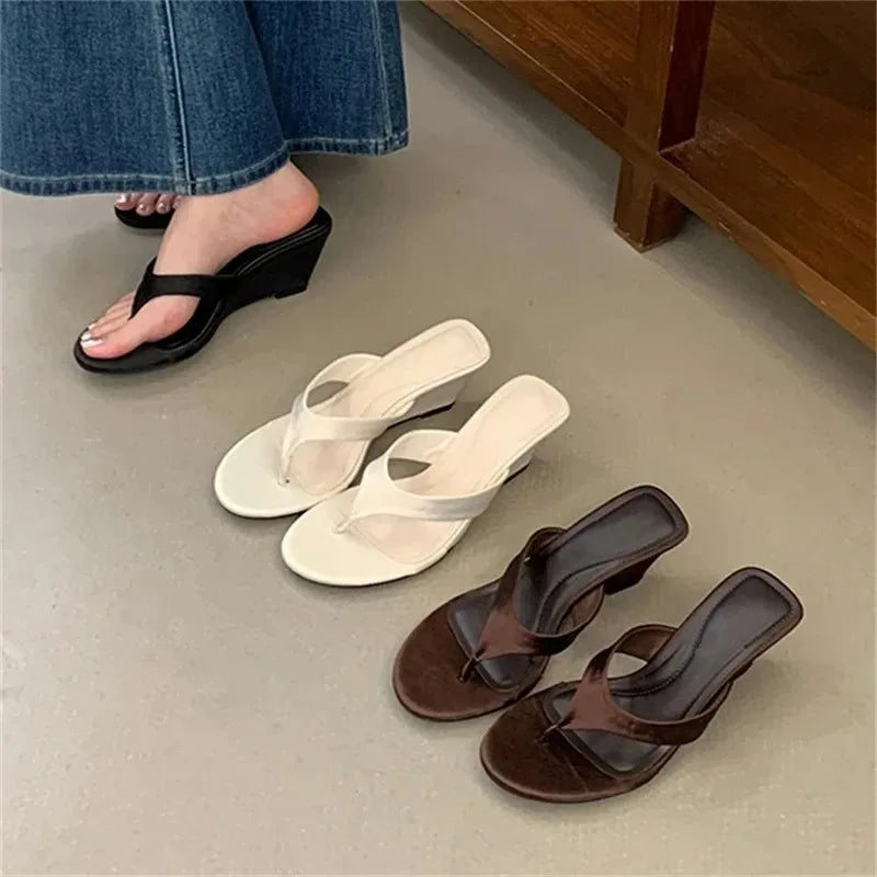 Aneikeh Black Satin Toe Post Flat Wedge Sandals Casual Comfortable Slip on Open Toe Flip Flop Dress