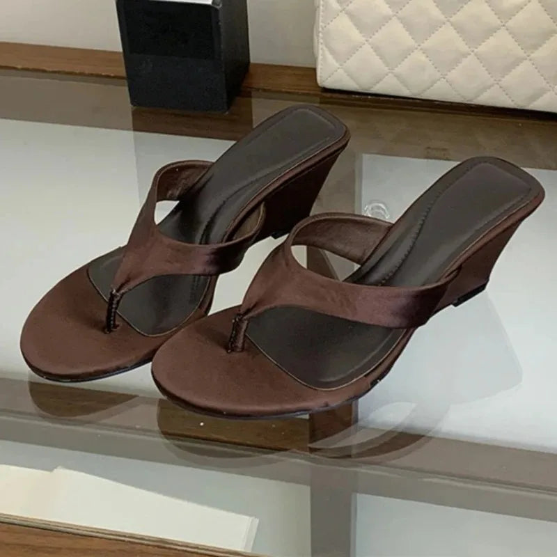 Aneikeh Black Satin Toe Post Flat Wedge Sandals Casual Comfortable Slip on Open Toe Flip Flop Dress