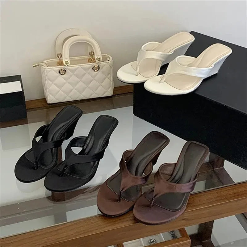 Aneikeh Black Satin Toe Post Flat Wedge Sandals Casual Comfortable Slip on Open Toe Flip Flop Dress