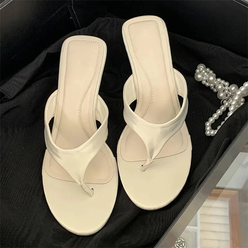 Aneikeh Black Satin Toe Post Flat Wedge Sandals Casual Comfortable Slip on Open Toe Flip Flop Dress