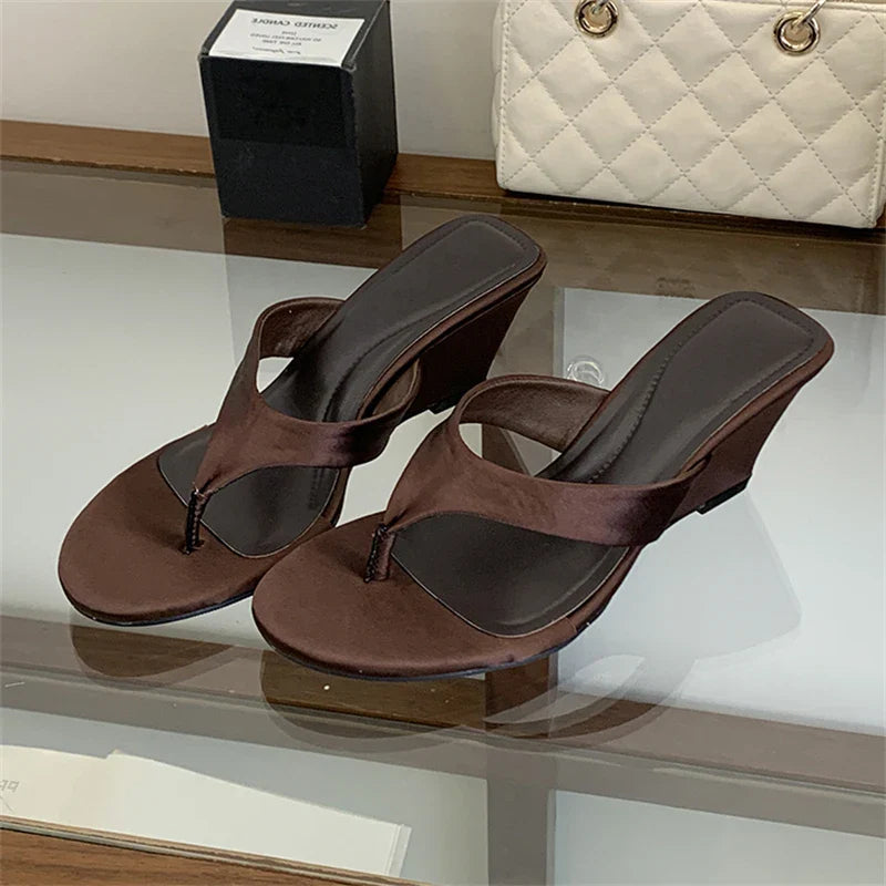 Aneikeh Black Satin Toe Post Flat Wedge Sandals Casual Comfortable Slip on Open Toe Flip Flop Dress