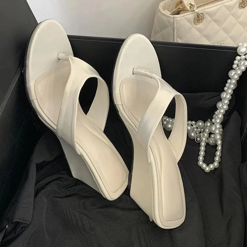 Aneikeh Black Satin Toe Post Flat Wedge Sandals Casual Comfortable Slip on Open Toe Flip Flop Dress