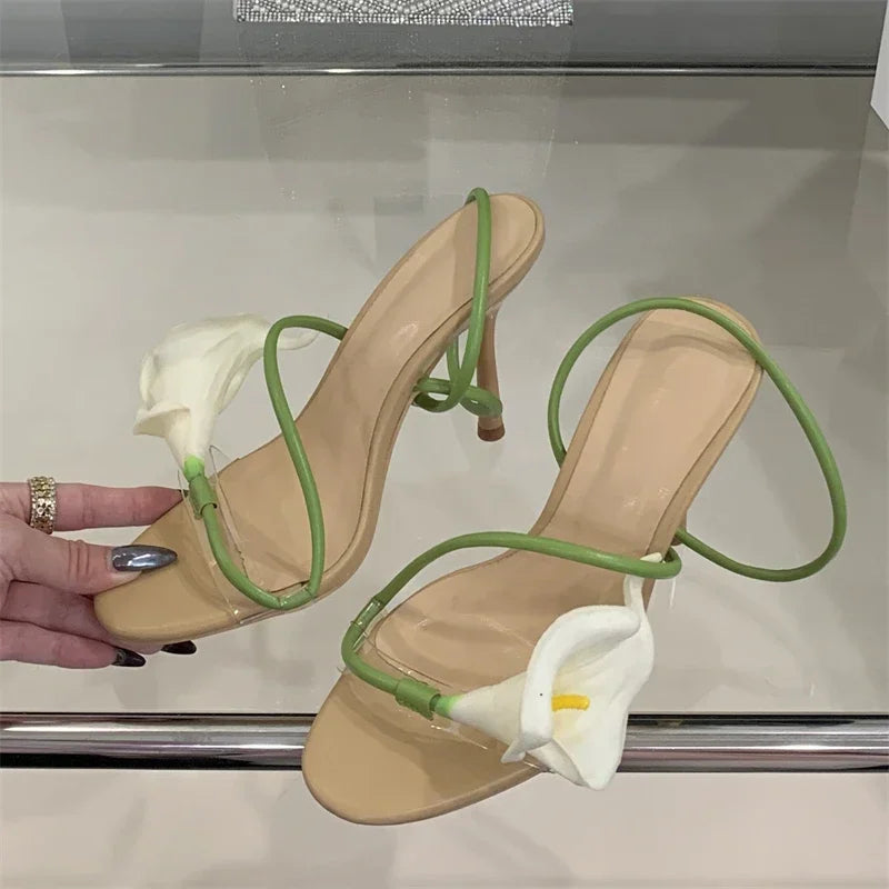 Aneikeh Bohemian Style Flower Narrow BRome Sandals Sexy PVC Transparent Open Toe Thin High Heels Party Prom Shoes