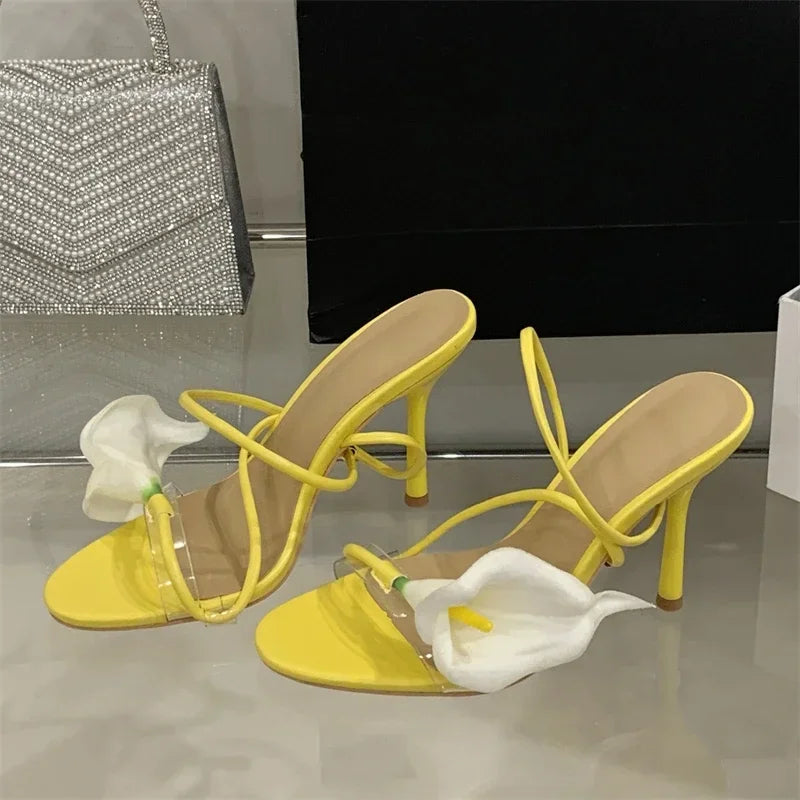 Aneikeh Bohemian Style Flower Narrow BRome Sandals Sexy PVC Transparent Open Toe Thin High Heels Party Prom Shoes