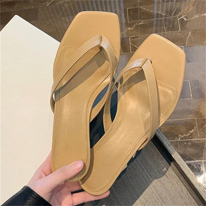 Aneikeh Brown Print Kitten Heel Flip Flops Square Toe Sandals Casual Slides Daily Party Shoes