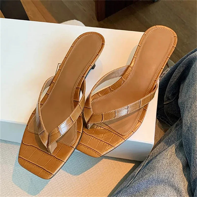Aneikeh Brown Print Kitten Heel Flip Flops Square Toe Sandals Casual Slides Daily Party Shoes