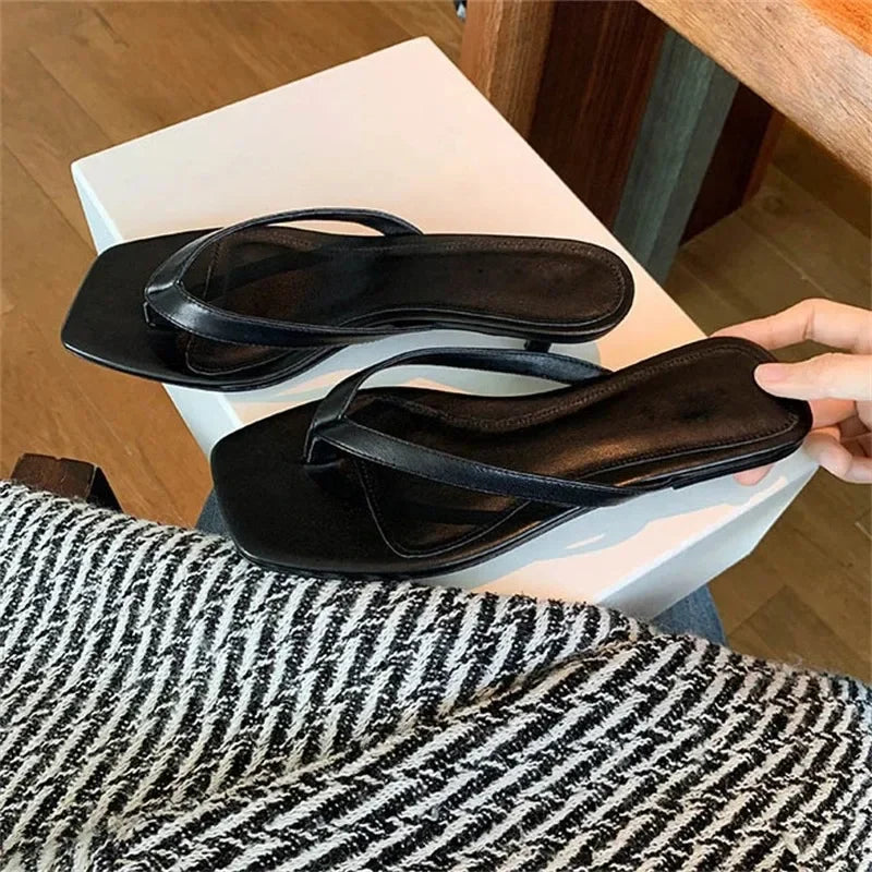 Aneikeh Brown Print Kitten Heel Flip Flops Square Toe Sandals Casual Slides Daily Party Shoes