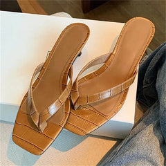 Aneikeh Brown Print Kitten Heel Flip Flops Square Toe Sandals Casual Slides Daily Party Shoes
